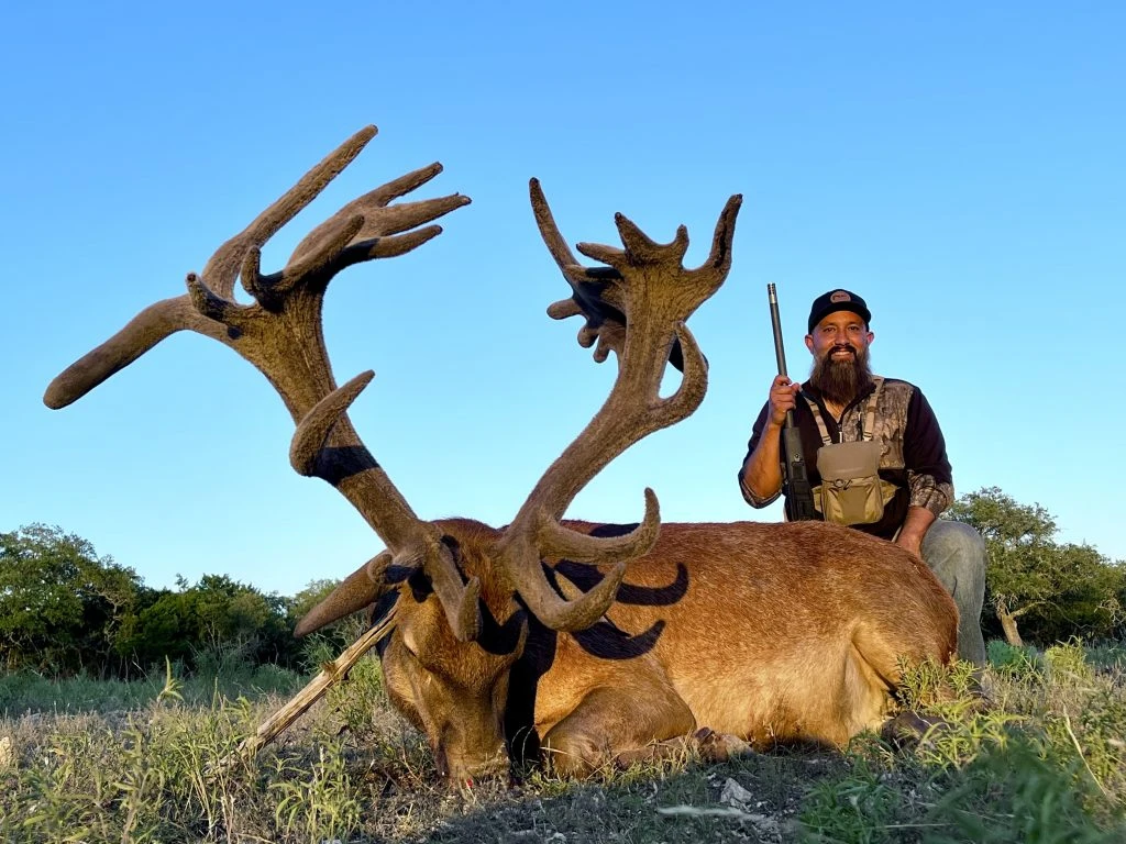 Smiling hunter kneeling beside a velvet-antlered red stag at dusk