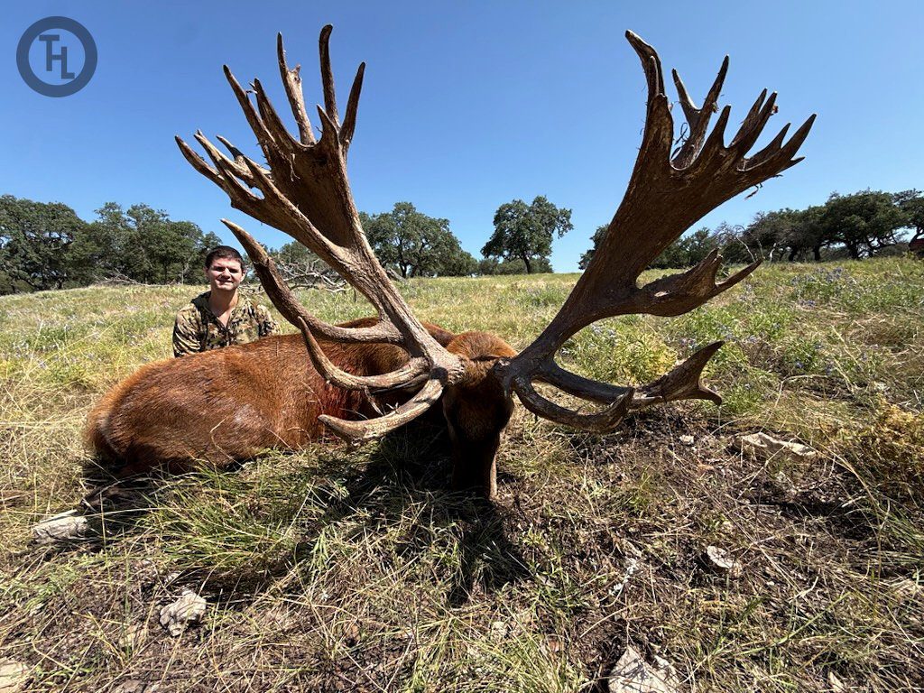 Hunter with a world class 550 inch plus trophy Red Stag harvested at Texas Hunt Lodge in Texas